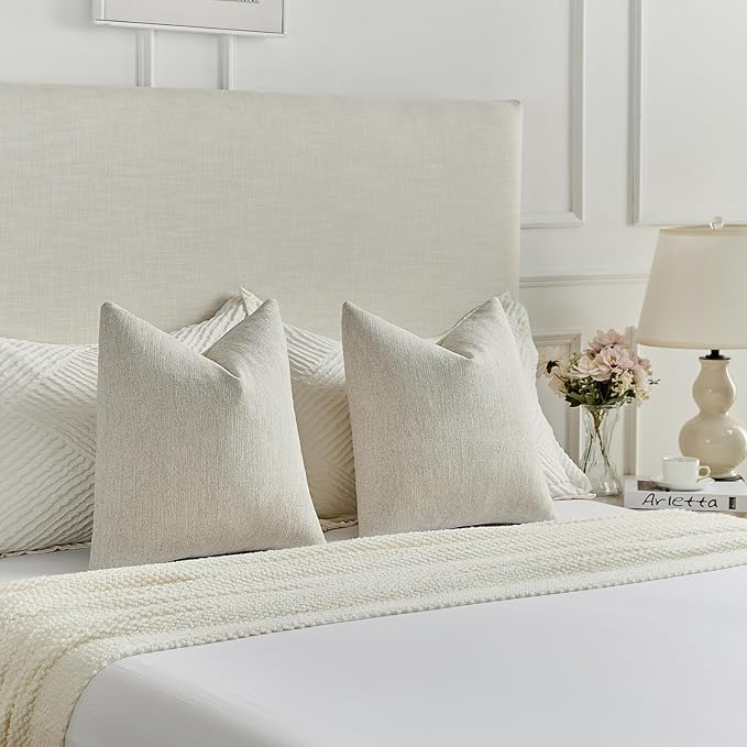 FUTEI Natural Wood Chenille Decorative Throw Pillow Covers 26x26 Inch Set of 2,Soft Cozy Faux Linen Textured Euro Pillow Shams,Farmhouse Home Decor for Couch Living Room