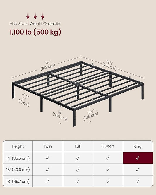 VASAGLE King Metal Bed Frame 14 Inches Tall, 1100 lb Weight Capacity, No Box Spring Needed, with Under-Bed Storage, Easy Setup, Heavy-Duty Platform Bed, Mattress Retainers, Matte Black URMB654BD02S