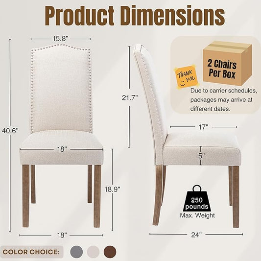 Upholstered Dining Chair Modern Stylish Parsons Kitchen Diner High Back with Silver Nailhead Trim & Wood Legs, Set of 6, Fabric Beige