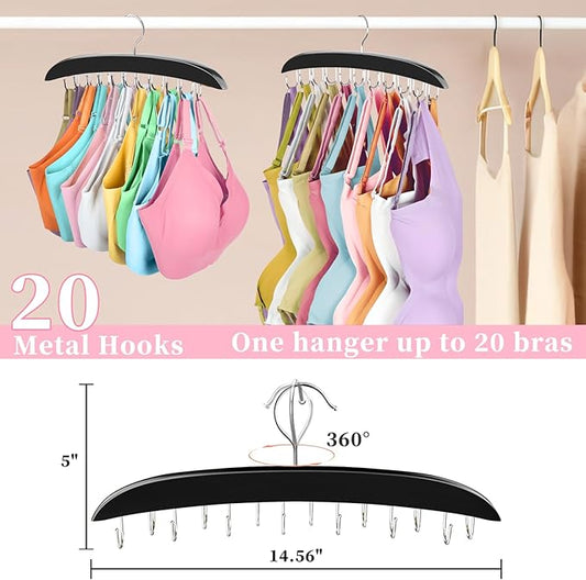 360 Rotating Bra Organizer, Space Saving w/20 Foldable Metal Hooks, Tank Top Hanger Closet Organizers and Storage for Camisoles/Tank Tops/Belts/Scarves Black
