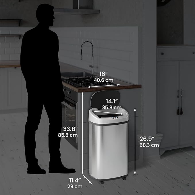 iTouchless 13 Gallon Sensor Trash Can on Wheels with Odor Filter, 50 Liter Automatic Kitchen Garbage Bin, Oval Fingerprint-Proof Stainless Steel, Hands-Free Motion Lid, Brushed Silver