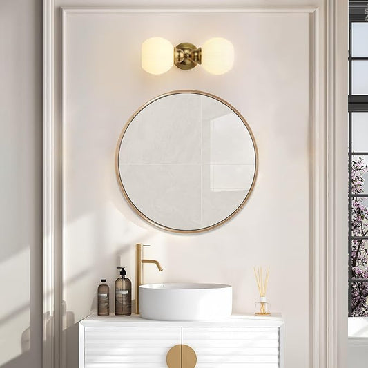 Pathson 2-Light Milk White Wall Sconces Striped Glass, Modern Bathroom Sconces Wall Vanity Light Fixtures Brass Finish, Vintage Wall Sconce Lamp for Mirror Living Room Bedroom Farmhouse Lighting
