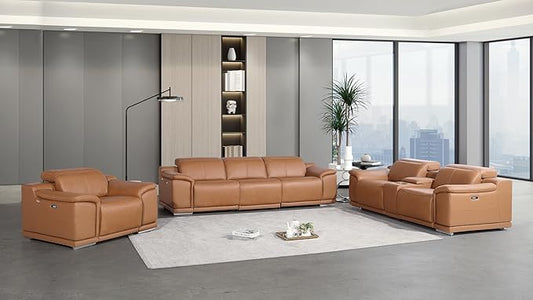 BlackJack Furniture Venice Top Grain Italian Leather Recliner 7 Seater 6 Power Reclining 3 Piece Sofa Set with Adjustable Headrests Modern Seating Sofa, Loveseat and Chair for Living Room , Cognac