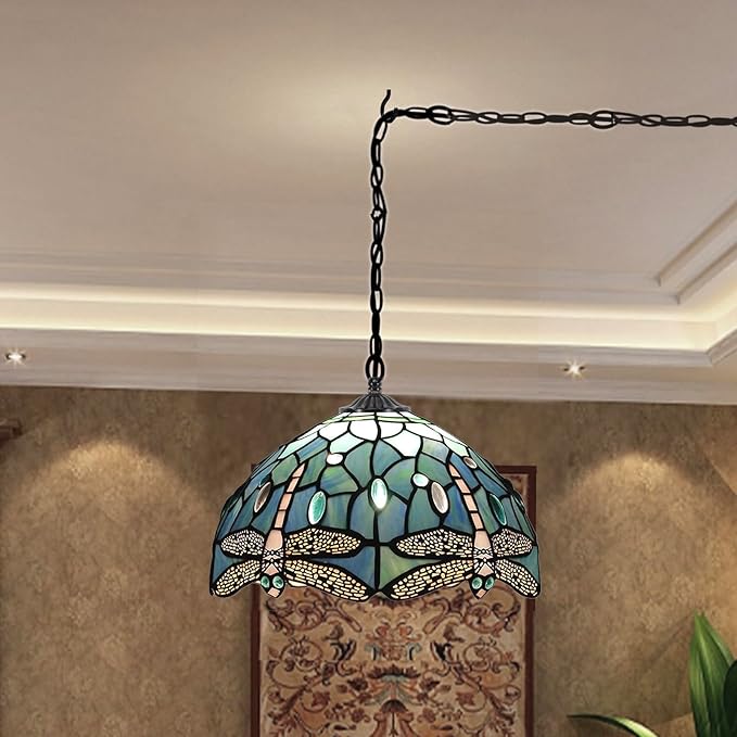 Tiffany Pendant Light Plug in Stained Glass Hanging Lamp Wide 12 Inch, Chain 33 Inch, Cord 15 Feet -Sea Blue Dragonfly