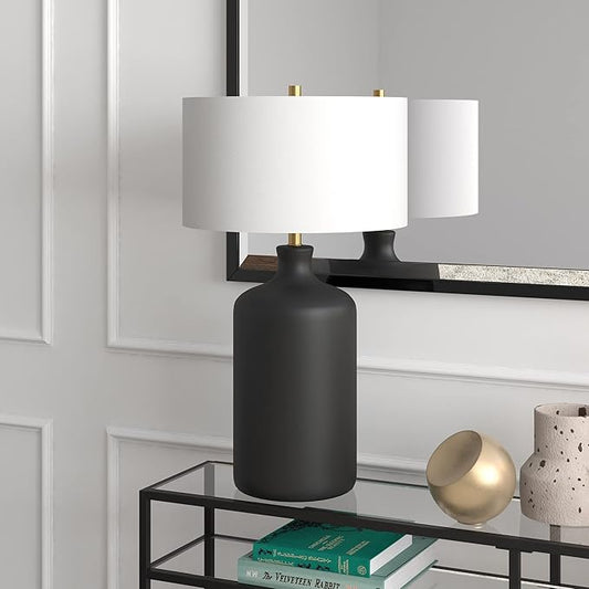 Henn&Hart 29" Transitional 1-Light Table Lamp with White Fabric Drum Shade for Living Room, Bedroom, or Office, Flat Black