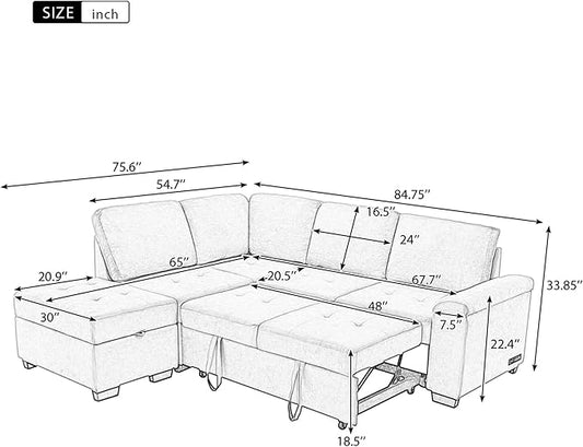Merax Sofa Bed Sleeper Couch L Shaped Sofa with Storage Ottoman, L-Shape Sectional Couch with Comfortable backrest for Living Room and Small Apartment (Black)