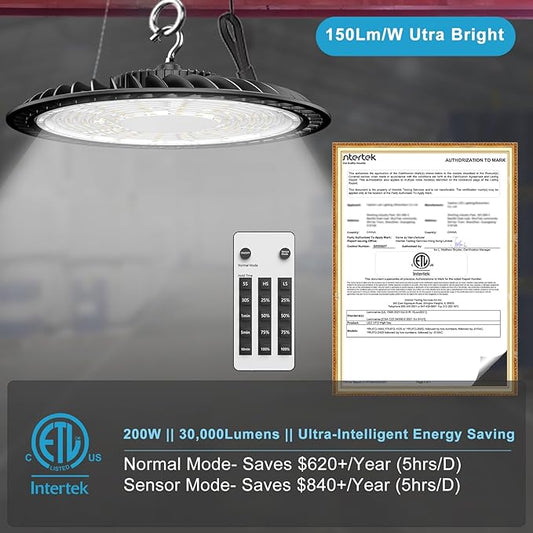 Lightdot Smart 200W(209x1W) LED High Bay Lights 30,000LM UFO Lights with Control (Supports Normal Mode & Motion Mode) ETL-Listed AC100-277V Plug for 25-35FT Height Warehouse-6Yrs Warranty-8Pack