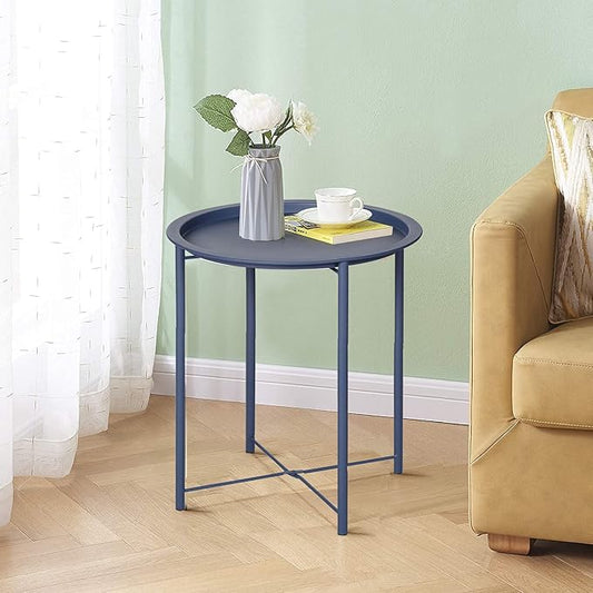 VECELO Side/End Table, Folding Round Metal Anti-Rust and Waterproof Outdoor or Indoor Tray for Living Room Bedroom Balcony and Office, 1 PCS, Blue