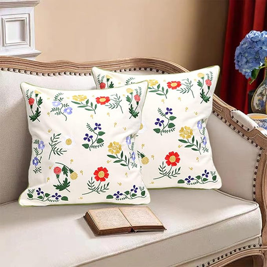 Set of 2 Embroidered Decorative Throw Pillow Covers Couch Square Pillowcases Cushion for Bedroom Sofa Farmhouse Decor 18x18 Inch (Flower-C)