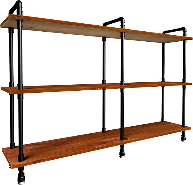3 Tier Long Industrial Bookshelf, 3 Realwood Industrial Pipe Bookshelf for Living Room, Entry, Office (Walnut Brown, 60" L x 11.8" W x 39" H)
