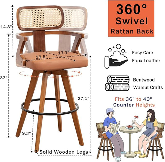 Set of 3 Counter Height Bar Stools - 27 inch Swivel Counter Stools with Walnut Craftsmanship, Cane Back, Upholstered Faux Leather, Kitchen Island Stools for Island/Pub/Kitchen (27" Seat Height, Brown)
