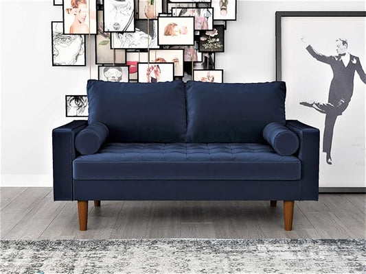 Container Furniture Direct Womble 58 Inch Velvet Loveseat Sofa with Elegant Button Tufted Upholstery, Square Arms, Splayed Wood Legs, Includes Matching Bolster Pillows, Misty Blue