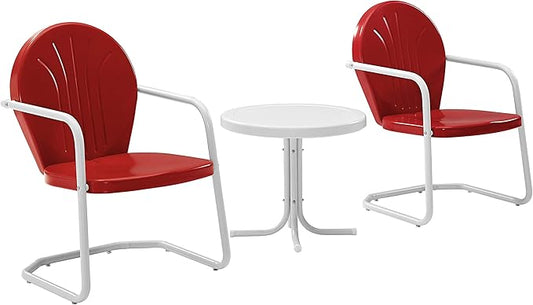 Crosley Furniture Griffith 3-Piece Outdoor Chair and Side Table Set, Retro Metal Bistro Patio Sets for Porch, Red