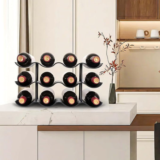 Countertop Wine Rack - 12 Bottle Freestanding Wine Bottle Holder Stand - 3 Tier Wooden Wine Storage Rack - Black Wavy Wine Organizer for Cabinet Pantry Home Kitchen Bar