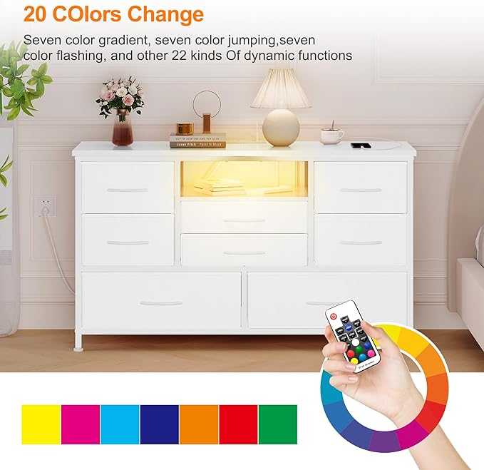 Jojoka 8 Dresser TV Stand with Power Outlet & LED for 55'' TV, Long Dresser for Bedroom with 8 Deep Drawers, Wide Console Table for Storage in Closet, Living Room, Entryway, Wood Top (White)
