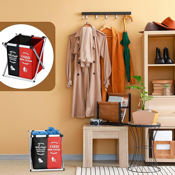 Foldable Disposable Shoe Cover Box Dispenser Fabric Storage Bin Holder with Used Shoe Covers and Welcome Please or Remove Sign for Open House Supplies(Black, Red)