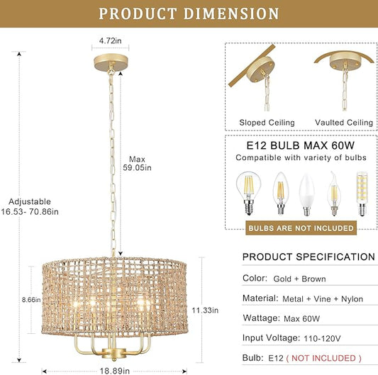 5-Light Gold Rattan Chandelier Large Hand Woven Farmhouse Chandelier with Wicker Shade Rustic Boho Pendant Light Fixtures Drum Chandeliers for Dining Room Kitchen Living Room Foyer Entryway Hallway