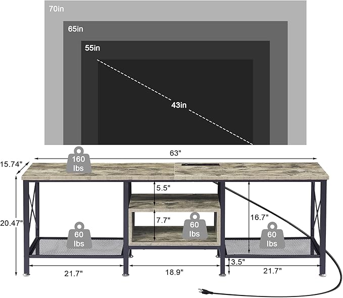VECELO TV Stand with Power Outlets for 70 Inch Industria Media Entertainment Center with Charging Station, 3-Tier Open Shelves & Metal Frame for Living Room, Bedroom, 63 Inch, Grey