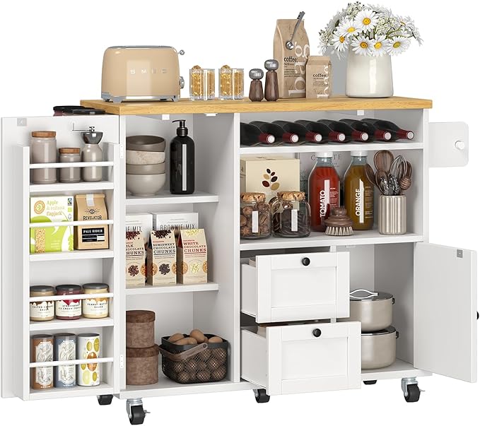 Rolling Kitchen Island with Storage Cabinet, 41.3'' Width Kitchen Cart with Desktop Drop Leaf Countertop, Portable Mobile Island with Towel Rack, Spice Rack Shelf, White