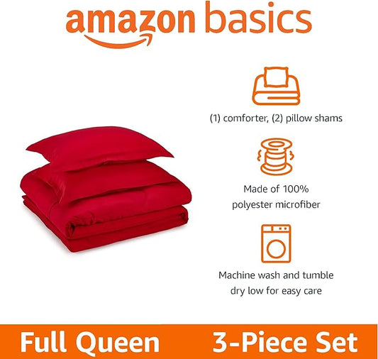 Amazon Basics 3-Piece Soft Microfiber Kids' Comforter and Pillow Sham Set, Full/Queen, Red, Solid