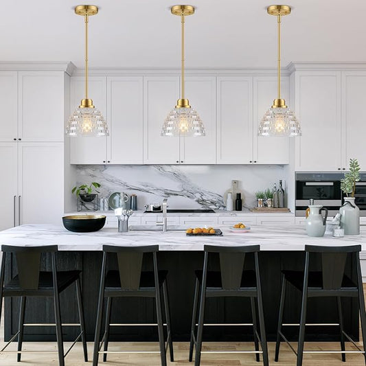 3 Pack Glass Pendant Lights Kitchen Island 8.7 Inches Modern Gold Glass Pendant Light Fixtures Brass Hanging Lighting for Kitchen Over Sink Dining Room Bedroom E26