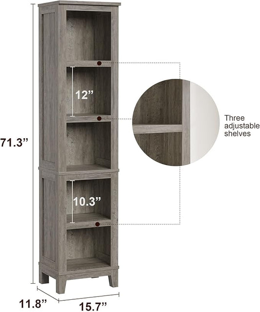 GarveeHome Narrow Bookcase 5 Tier Farmhouse Bookshelf Wooden Bookshelves Rustic Vintage Etagere Oak for Home Office, Living Room, Bed Room, Gray