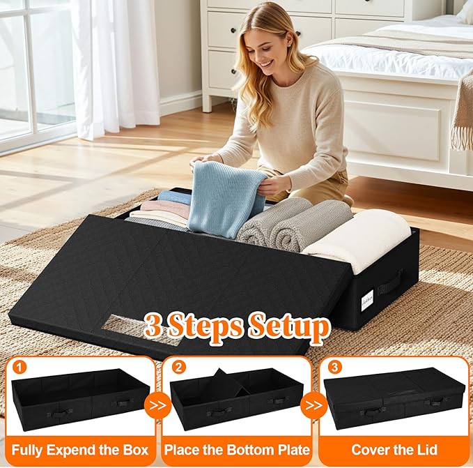 Under Bed Storage Containers with Lids - 3 Pack, Foldable and Stackable Clothes Storage Bags with Clear Window, 3-Sided Handles and Label Slot for Clothing, Blankets, Pillows (Black)