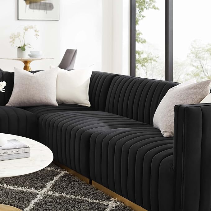 Modway Conjure Channel Tufted Performance Velvet Sectional, 4-Piece Left-Facing Sofa, Gold Black