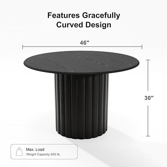 Casaphoria 46" Round Dining Table, Modern Wood Kitchen Table with Wide Column Pedestal Base for Living Room & Dining Room, Easy Assembly Farmhouse Furniture for 4-6, Black