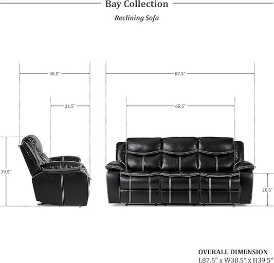 Lexicon Bay Manual Double Reclining Sofa, Black