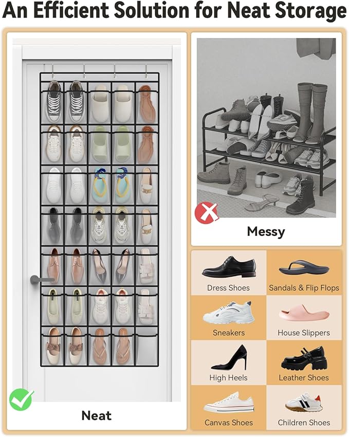 dodowin Over the Door Shoe Organizers, 2 Pack (1 Black & 1 Grey) -35 Deep Mesh Pockets Each, Over The Door Shoe Rack, Space Saving Hanging Storage Holder for Closets, Shoes & Accessories