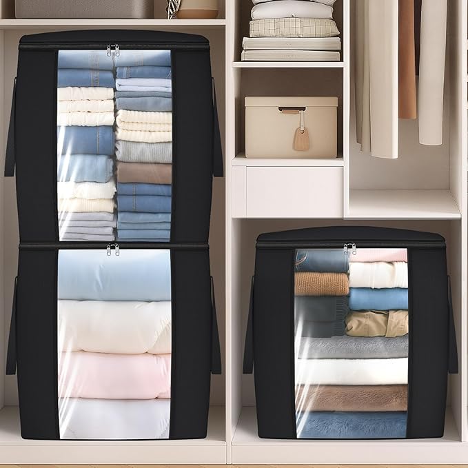 120L Extra Large Clothes Storage Bags, Foldable Blanket Storage and Organization, Thick Fabric Containers with Reinforced Handles & Zippers for Clothing, Comforters, Bedding, Black, 1 Pack