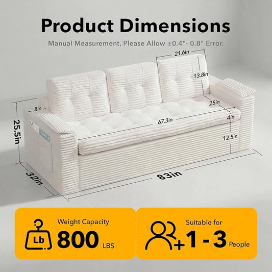 83" Boneless Couch, 3-Seater Cloud Corduroy Sofa in a Box with Deep Tufted Cushions, Zero Assembly, Removable Washable Cover, Family-Friendly Living Room Couch, Beige