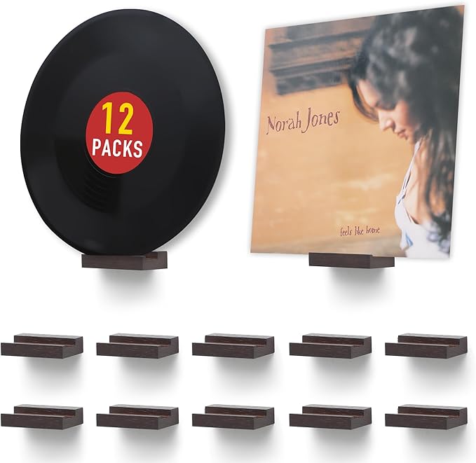Wood Vinyl Record Shelf Wall Mount, Small Wall Record Holder Display Shelf, Vinyl Record Shelves Record Album Display Holder for LP, CD, Book Art Storage Vintage Home Decor (12, Dark Walnut)