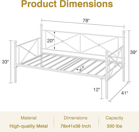 VECELO Daybed Twin Size, Day Bed Frame with Headboard, Heavy-Duty Metal Slats Support Platform for Living Room, Guest Room, Easy Assembly, White