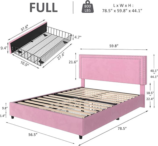 VECELO Full Size Upholstered Platform Bed Frame with 4 Storage Drawers, Adjustable Velvet Rivet Decor Headboard, Wooden Slats Support, No Box Spring Needed, Easy Assembly