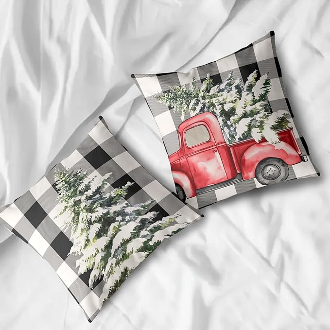 Christmas Buffalo Plaid Pillow Covers 18x18 Set of 2 Black and White Check Red Truck Pine Tree Throw Pillow Cover Farmhouse Winter Outdoor Pillow Cases Winter Holiday Decor for Home Couch
