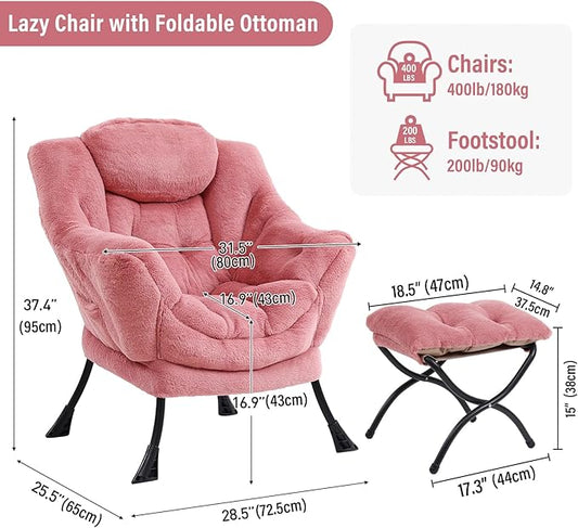 Lazy Chair with Ottoman, Modern Chair with Folding Footrest, Plush Dark Pink Accent Chair, Comfortable Reading Chair, Oversized Armchairs for Bedroom, Study, Living Room, Courtyard
