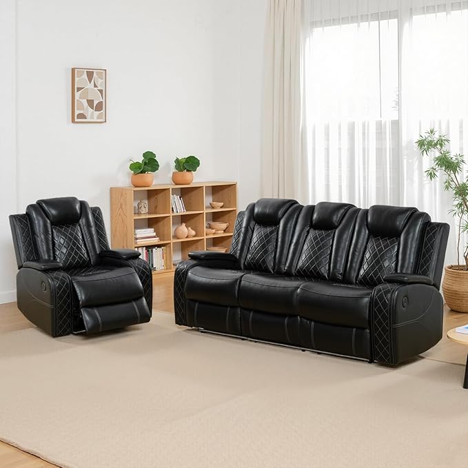 Breathing Leather Power Recliner Sofa Set, 2 Piece Leather Couch and Recliner Chair Set, Living Room Furniture Set with USB Charging/LED Lights (Black, Sofa+Chair)