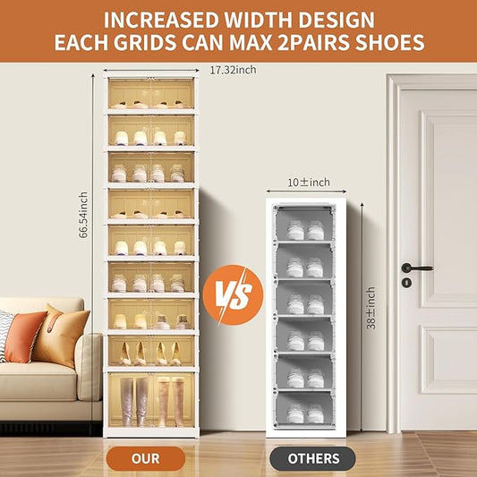 9-Tier Foldable Shoe Rack Organizer for Closet 18Pairs Plastic Shoe Shelf Collapsible Shoes Storage Box Clear Shoe Boxes Stackable with Door Easy Assembly Shoe Cabinet with Lids Large
