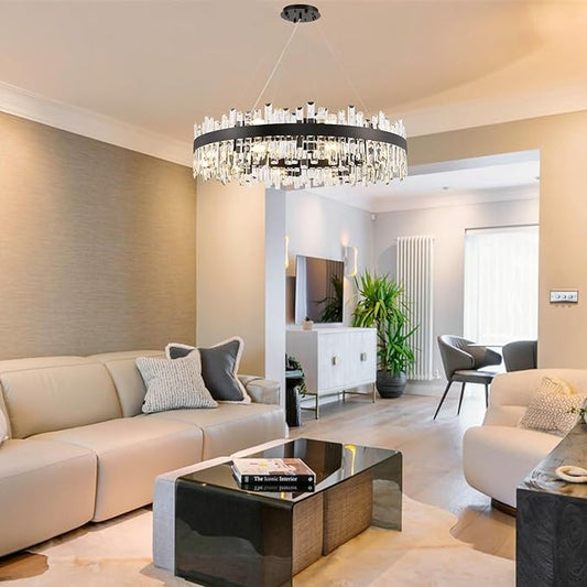 CROSSIO 20-Light Modern Large Crystal Chandelier Black Round 2-Tiers Raindrop Chandelier Luxury Flush Mount Hanging Ceiling Light for Dining Living Room Entryway Foyer Stairway D39.4''