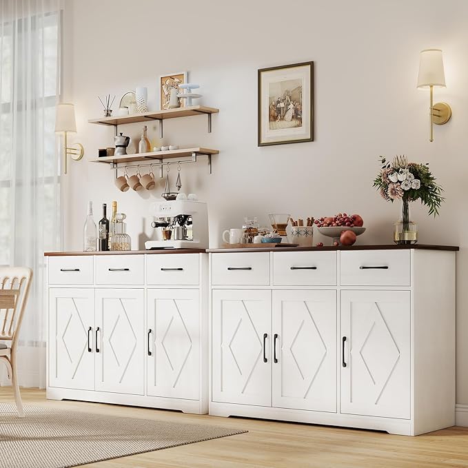 Modern Farmhouse Sideboard, White Wooden Buffet Cabinet with 3 Drawers & Adjustable Shelves for Kitchen, Living Room, Entryway, Coffee Bar