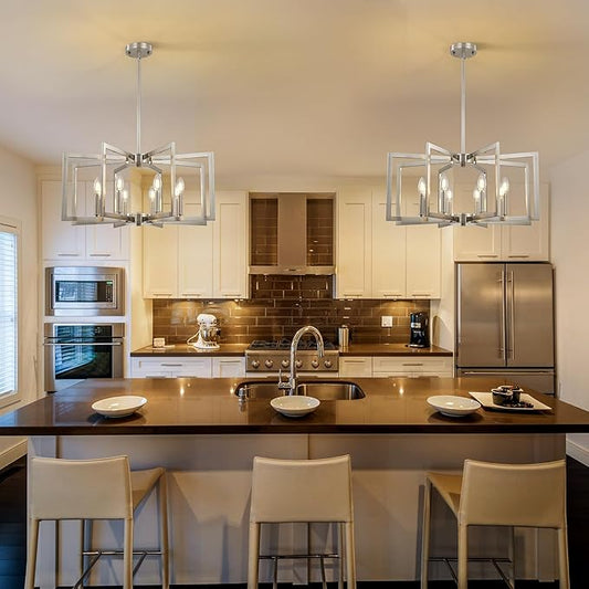 8-Light Large Brushed Nickel Chandeliers for Dining Room,Modern Industrial Pendant Lights Kitchen Island,Farmhouse Entryway Light Fixtures,Metal Geometric Chandelier for Living Room