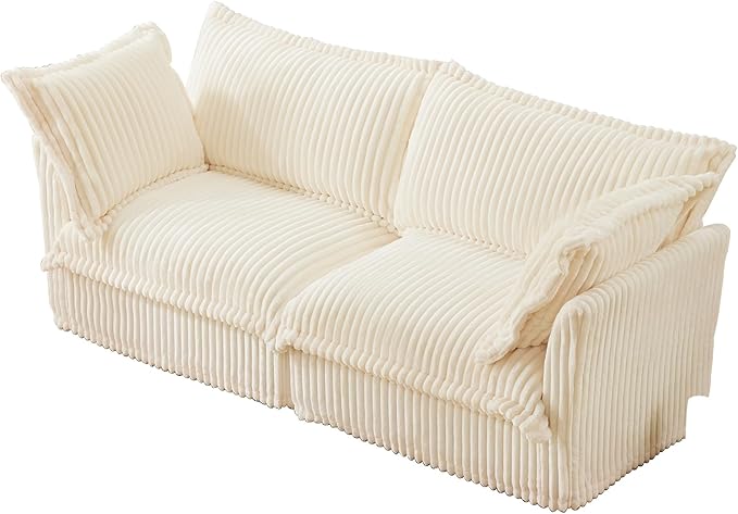 KEIKI 83" Corduroy Sectional Sofa, White Comfy Sleeper Cloud Couch Set with 2 Pillows, Modern Deep Soft Cushion Seat Sofa, Cozy Upholstered Loveseat for Apartment & Living Room, Cream