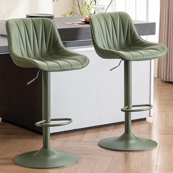 Kidol & Shellder Bar Stools Set of 2 Green Adjustable Swivel Counter Height Barstools Upholstered Modern PU Leather Bar Chairs Stools for Kitchen Island
