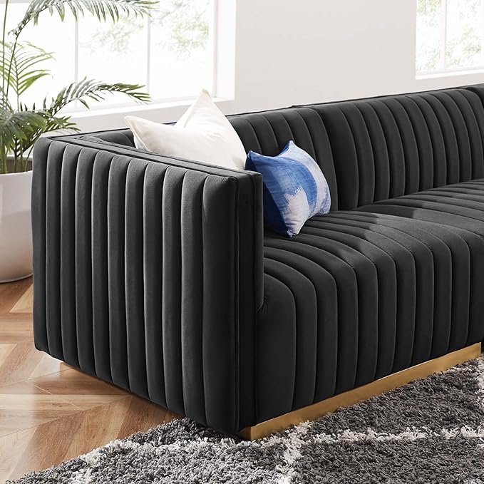 Modway Conjure Channel Tufted Performance Velvet Sectional, 5-Piece Left L-Shaped Sofa, Gold Black