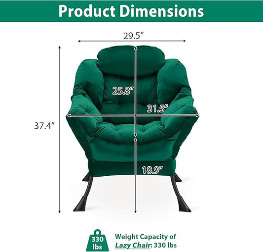 Lazy Chair Thick Padded, Comfy Velvet Accent Lounge Chair with Stable Frame, Leisure Sofa Armchair with Armrests and Side Pocket, Reading Chair for Bedroom, Living Room, Office, Green