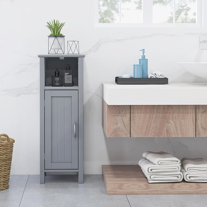LUARANE Wooden Bathroom Floor Storage Cabinet, Side Storage Organizer Cabinet with 1 Door Open Shelf Adjustable Shelves, Small Free Standing Sideboard for Entryway Living Room Kitchen (Gray)