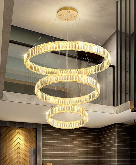 16‘’+24‘’+32'' Modern Ring Chandelier Crystal Chandeliers for Dining Room Round LED Dimmable Ceiling Light Fixture for Living Room Bedroom Lighting Gold