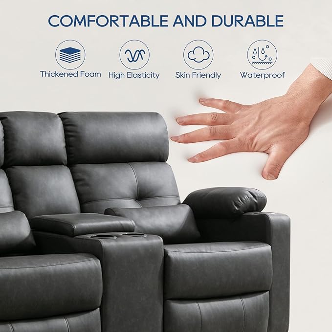 68'' RV Power Loveseat Recliner Sofa with Heat and Massage| RV Loveseat Recliner with Console| Double Reclining Couch with Cup Holder (PU, Black-Gray) | Double Seat, Electric Recliner